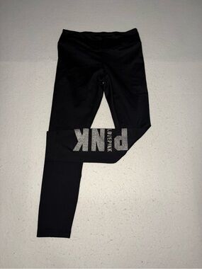 Victoria’s Secret LOVE PINK Yoga 7/8 Black Leggings Sparkly Silver Letters Large
